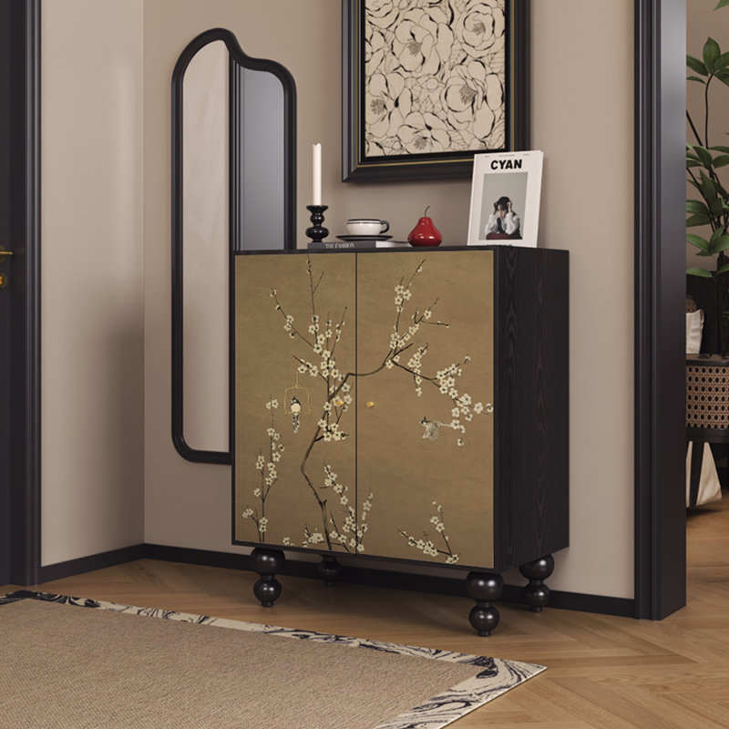 Armoire d'entrée en bois massif à motif floral, Noir
