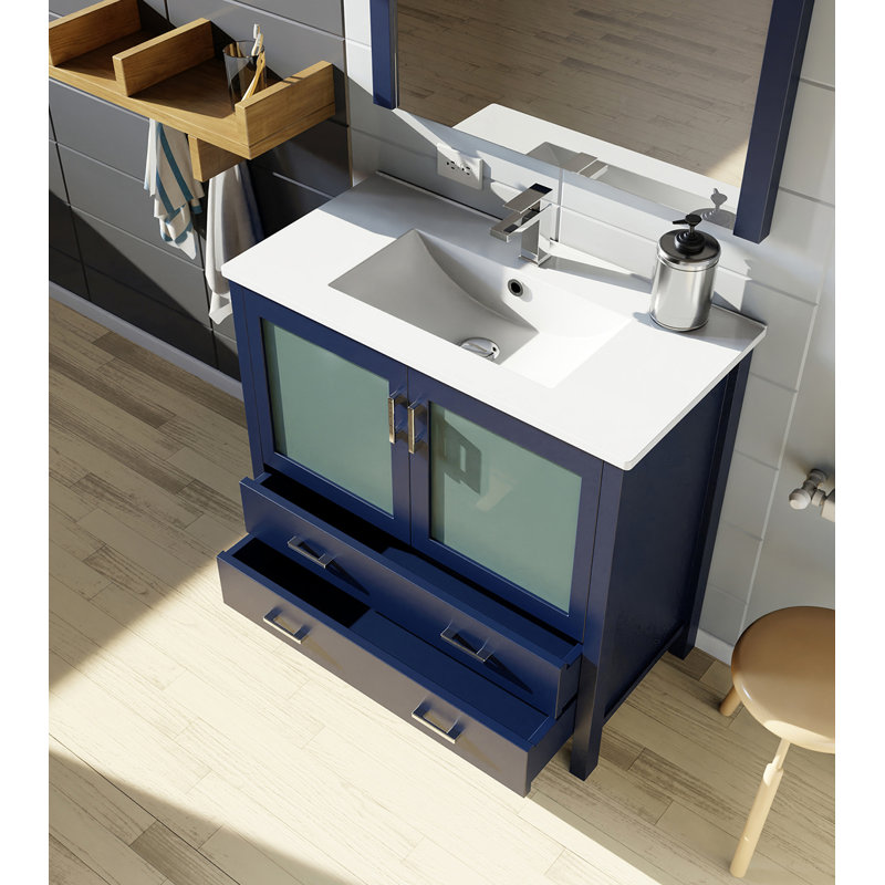 Meuble-lavabo de salle de bain 36 po X P 18,25 po D, plateau en céramique et Miroir, Navy Blue