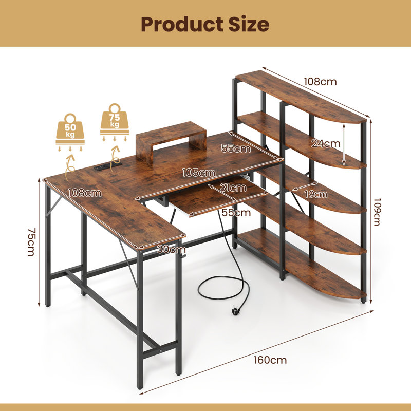 L Shaped Desk Corner Computer Desk With Storage Shelves, Brown