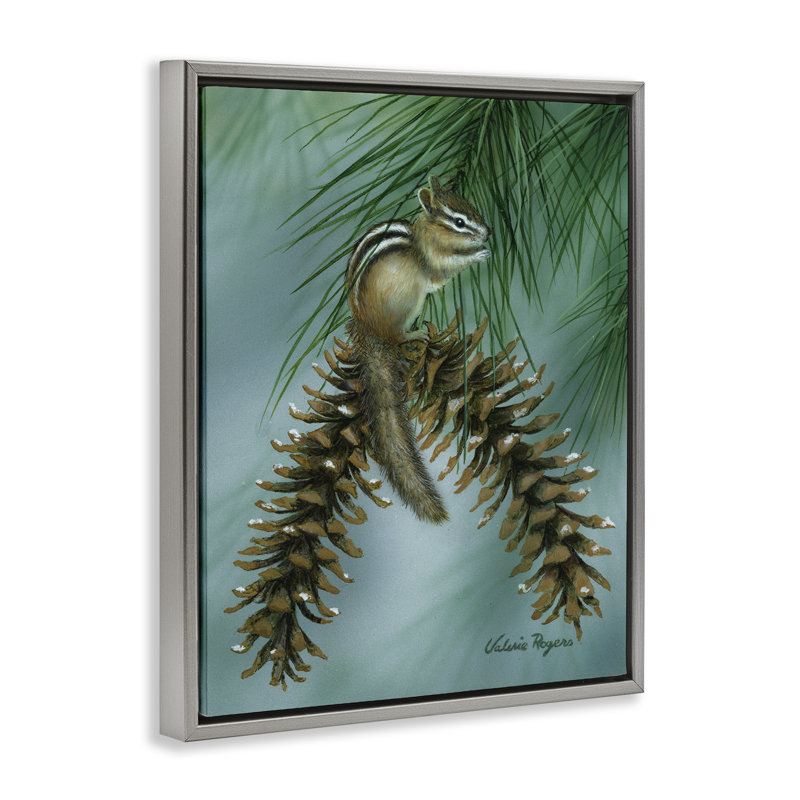  «Chipmunk Pine Cone Perch Floater», art mural sur toile par Valerie Rogers, H 21 po x l 17 po, Cadre flottant gris lustré