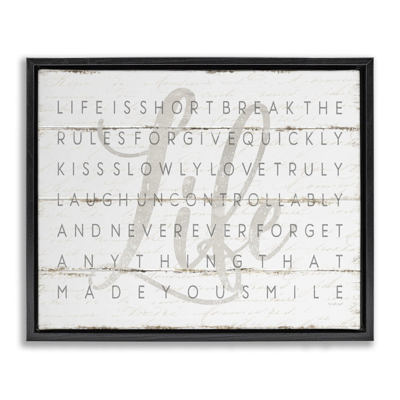 Art mural sur toile Life Is Short Smile on White Planked Look par Jennifer Pugh, Cadre flottant noir de jais
