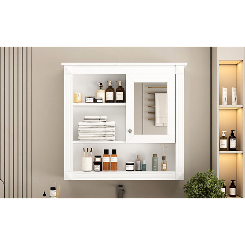 Armoire de rangement 32 po pour salle de bain avec miroir, 4 tablettes murales, rangement pour miroir, propre, Blanc
