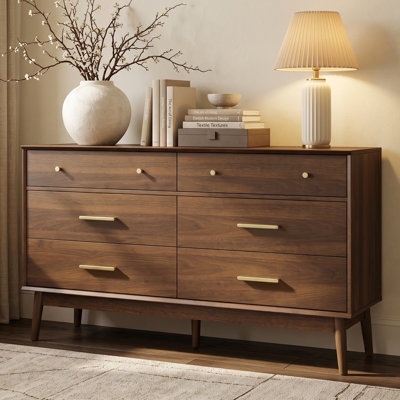 54" W Mid-Century Modern 6-Drawer Double Dresser with Walnut Finish & Gold Handles