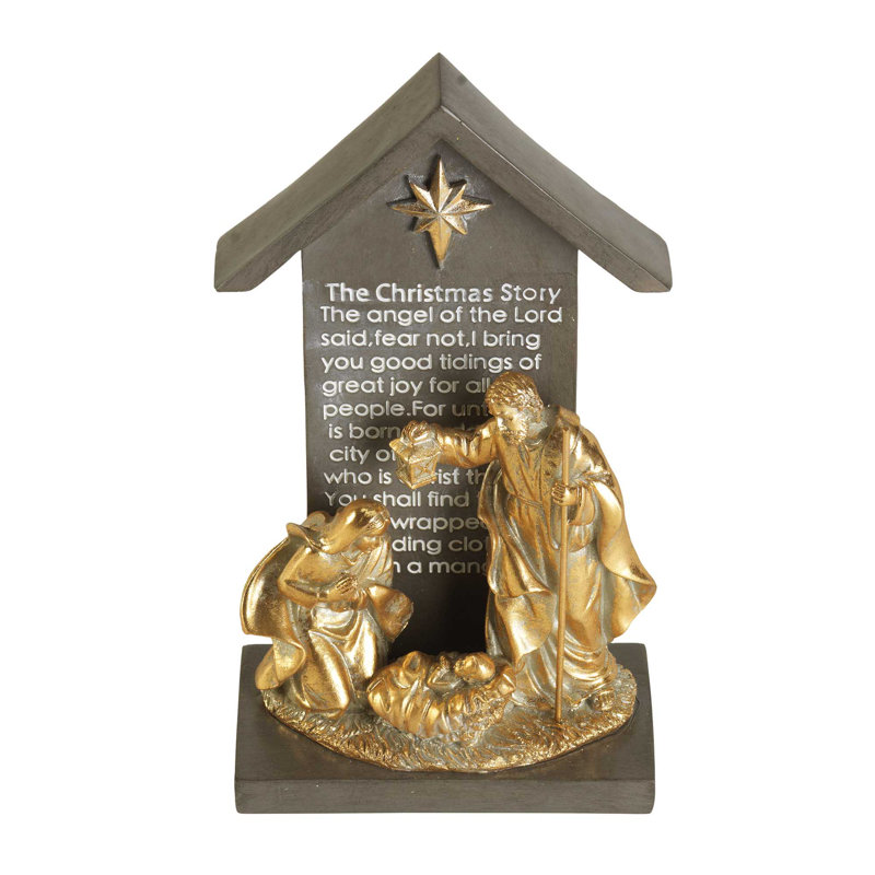 Gold and Gray Resin Holy Family Outdoor Creche 13.25in
