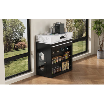 Extendable Dining Table With Folding Tabletop, Bar Table With Drawers And Power Outlet, Kitchen Island With Wheels And Hooks, Sideboard For Kitchen And Dining Room (Black+Marble White)