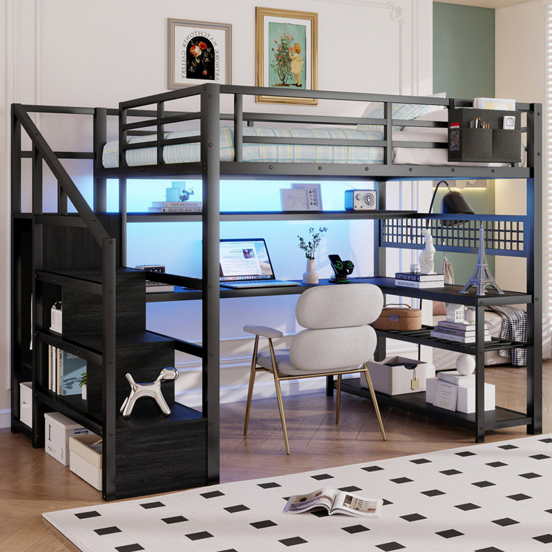 Lit mezzanine double avec escalier et garde-robe, Black