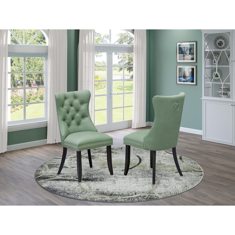 Dallas Parson Chairs - Button Tufted Nailhead Willow Green Polyester Fabric Upholstered Dining Chairs, Set of 2, Sand Blasted Black