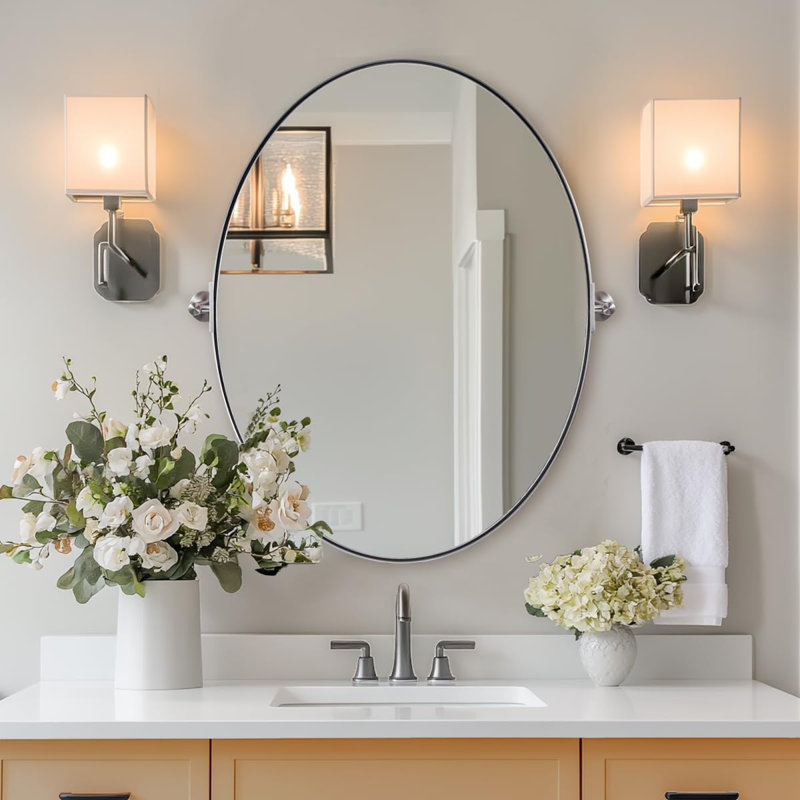  Miroir de salle de bain mural inclinable | Cadre pivotant réglable en acier inoxydable, Nickel brossé, 36 po x 24 po