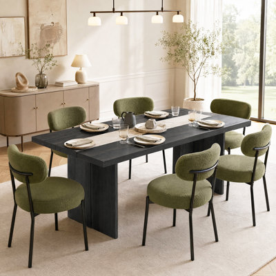 Alyria 70" Wooden Rectangular Dining Table With 6 Pcs Boucle Sherpa Dining Chairs