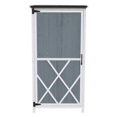 Remise de rangement de 54 pouces en gris et blanc à deux tons, porte sécurisée pour un accès et une protection faciles, coussins d'extérieur à 5 compartiments blancs 54 po, toit incliné à partir de débris, 3 tablettes créant des zones
