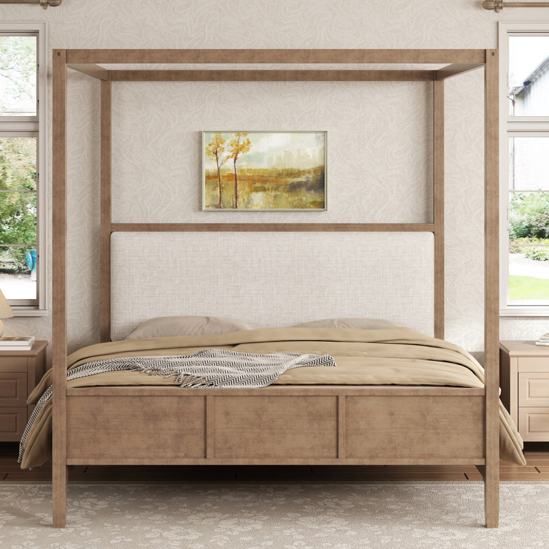 Lit plateforme à baldaquin en bois avec tête de lit tapissier Lurell, support de lattes en bois massif, aucun sommier nécessaire