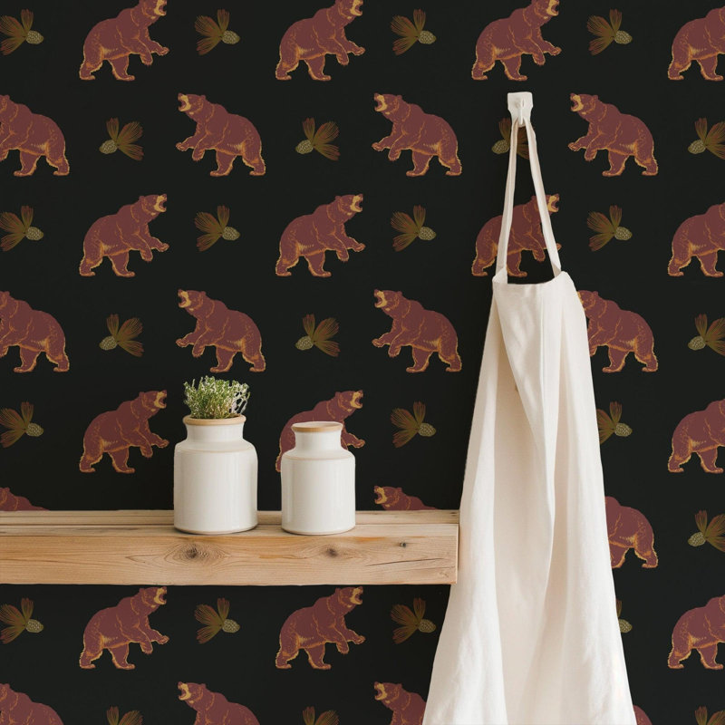 Roaming Black Bear - Wallpaper, Autumn Ember, Faux Grasscloth