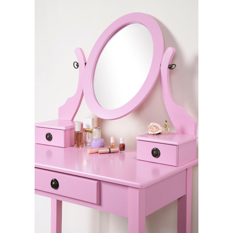 Elegant Pink Vanity With Stool - 3 Drawer Storage, Adjustable Mirror, Wooden Furniture Oval Wood Finish, Flash, Pink