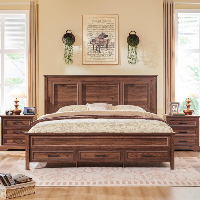 Farmhouse Queen Platform Bed with 52" Tall Headboard, Wood Queen Bed Frame with Storage Drawers & 20" Tall Footboard, Brown