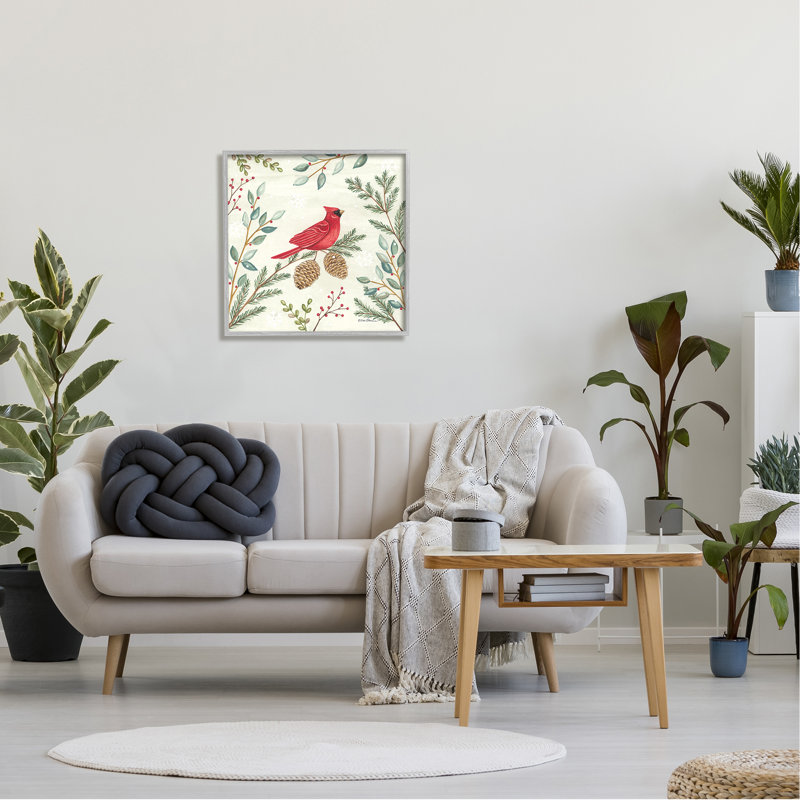 Cardinal et pommes de pin en hiver par Deb Strain, Estampe numérique Farmhouse, H 24 po x l 24 po x P 1,5 po