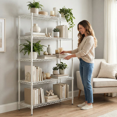 5 tablettes réglables en métal rouille pour la cuisine, le garage, la salle de bain et le garde-manger - structure 100% fer, 4 pièces de soutien de 19 mm d'épaisseur, assemblage rapide, 4 pieds de nivellement antidérapants P 29,22 po x l 14,01 po