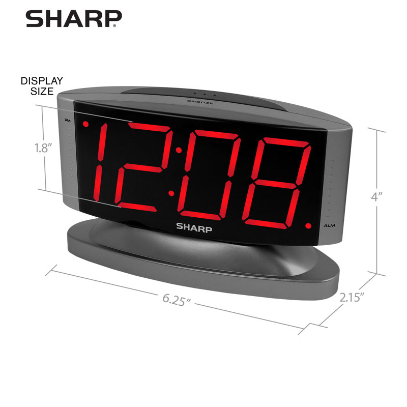 Sharp LED Digital Alarm Clock, Red LED Display, Swivel Base, Gray