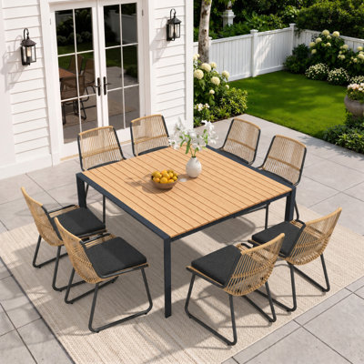 8-Person Metal Outdoor Dining Set with Aluminum Table, Wicker Chairs and Removable Cushions