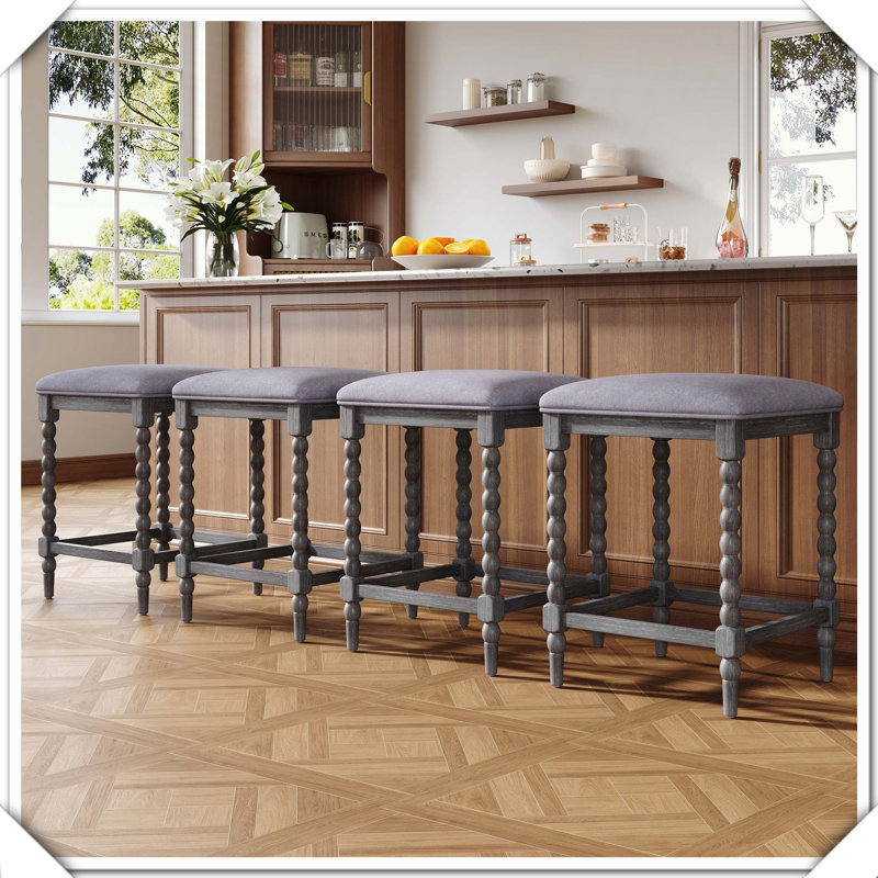 Ensemble de 4 tabourets de comptoir rembourrés avec structure en bois d'acacia massif et siège rembourré de mousse