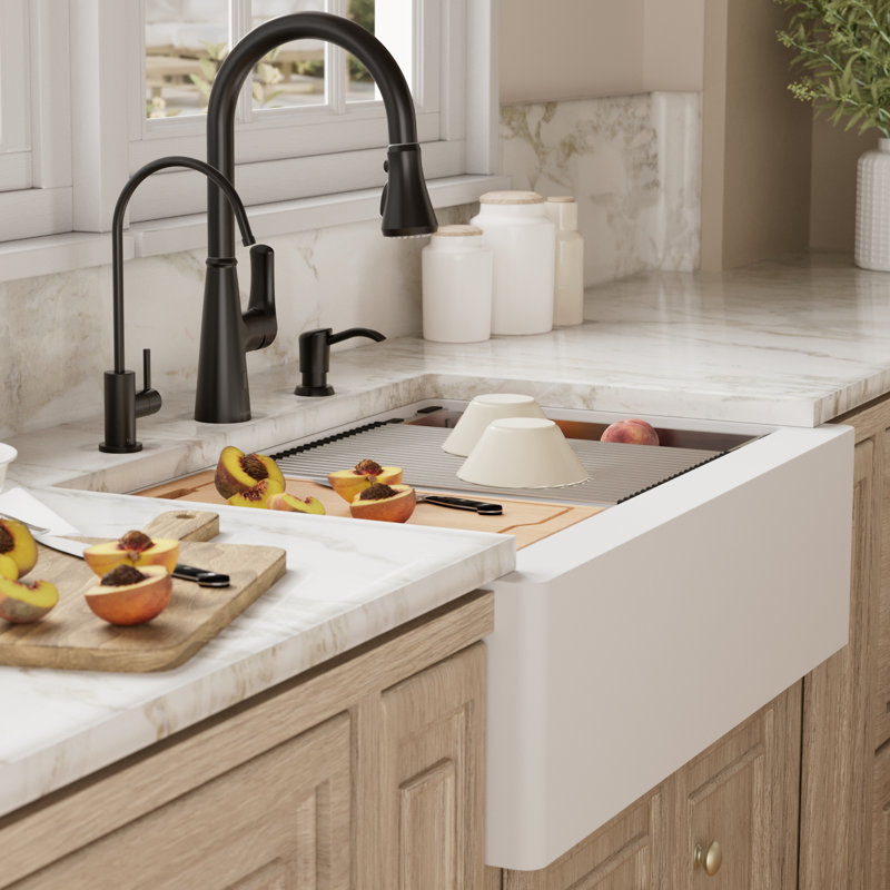 Karran Quartz 34'' X 21-1/4'' Single Bowl Farmhouse Apron Front Workstation Kitchen Sink, White