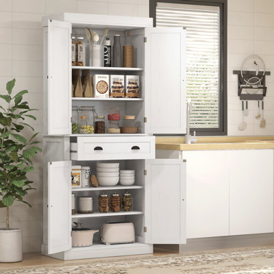 72.5" Kitchen Pantry Cabinet In White Wood Grain Look, With 4 Doors, Drawer And 3 Adjustable Shelves Storage Cabinet, White. Doors & Shelves. Suits Various Needs. Traditional For Dining Room. 22Lbs
