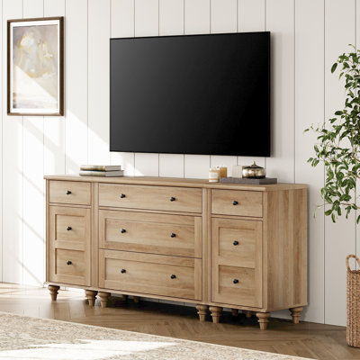Meuble télé Corretta pour téléviseur de 75 pouces, commode à 5 tiroirs et 2 portes, tables de chevet avec station de charge pour le salon, console de télévision en bois pour 70, 65, 80 pouces pour la chambre à coucher