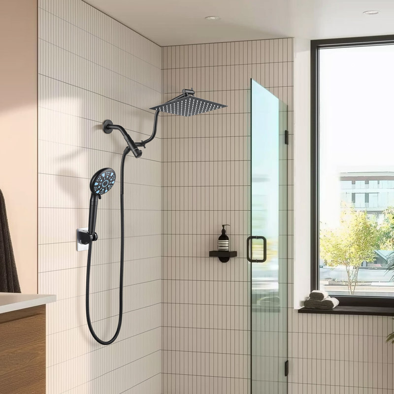 Pommes de douche 8 pouces avec douchette à 8 réglages et bras courbé réglable noir mat mat, Noir mat
