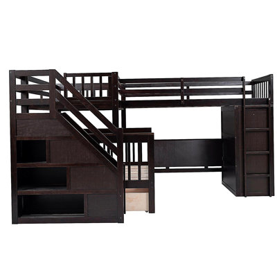 Lit superposé simple en L avec 3 tiroirs, bureau portatif et garde-robe, espresso (ANCIEN SKU: LT100542AAP)