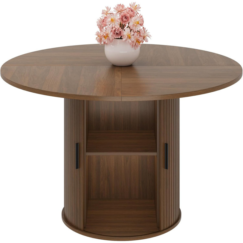 47" Round Dining Table for 4 with 2-Tier Hidden Storage Shelf and Sliding Wood Door, Space-Saving Kitchen & Dining Room Table