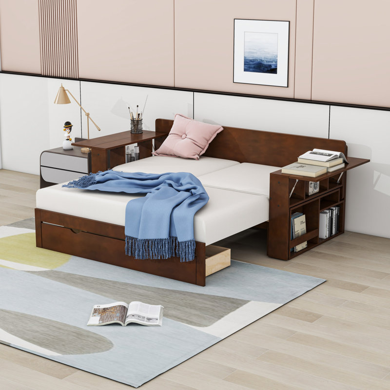 Multifunctional Wood Convertible Daybed with Built-in Desk, Storage Drawer, Full/Double, Espresso