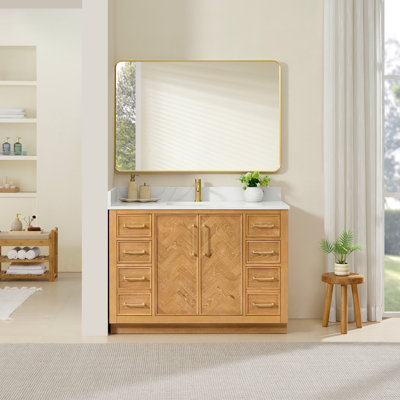 Carrasco 48" Single Bath Vanity in Oak Natural Brown with Silk White Quartz Stone Top