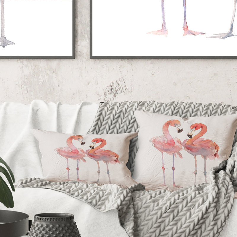 Coussin décoratif imprimé flamants roses sur fond blanc II