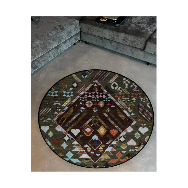 Green Brown Traditional Patterned Round Woven Base Vintage Decorative Carpet, Round 4'