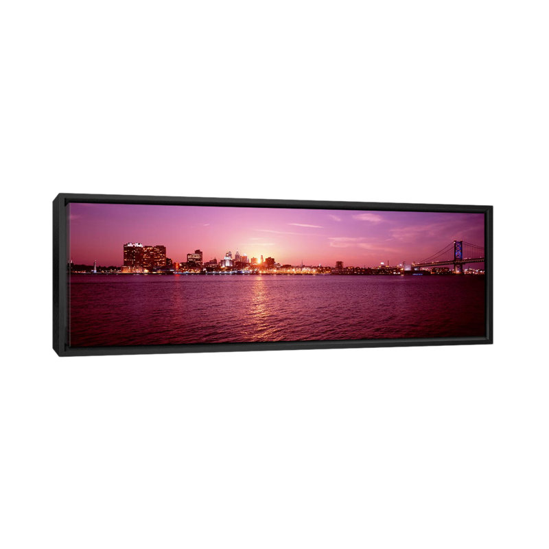 " Pennsylvania, Philadelphia At Dusk ", 16" H x 48" W x 1.5" D, Black Framed Canvas