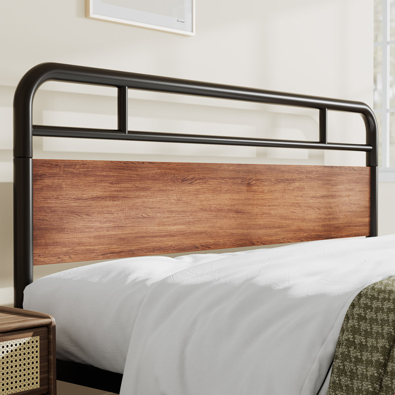Dejania Metal Platform Bed Frame with Wooden Headboard and Footboard, Light Brown, King