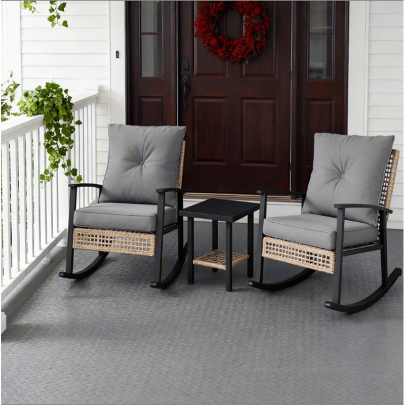 Ensemble de coussins capitonnés à boutons avec meubles de patio, chaises berçantes en rotin, table basse, Gris