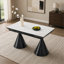 Table de salle à manger extensible à plateau en pierre: plateau de table en marbre blanc avec pieds fuselés en métal noir. Une table de salle à manger rectangulaire d'inspiration moderne et luxueuse pour un usage domestique, pouvant accueillir de 4 à 8 personnes.-695083028