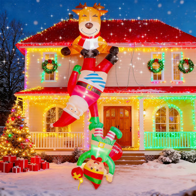 8FT Funny Christmas Inflatables With Reindeer Pulling Santa & Falling Elf, LED Lighted Blow Up Yard Decor For Xmas Roof Garden Party