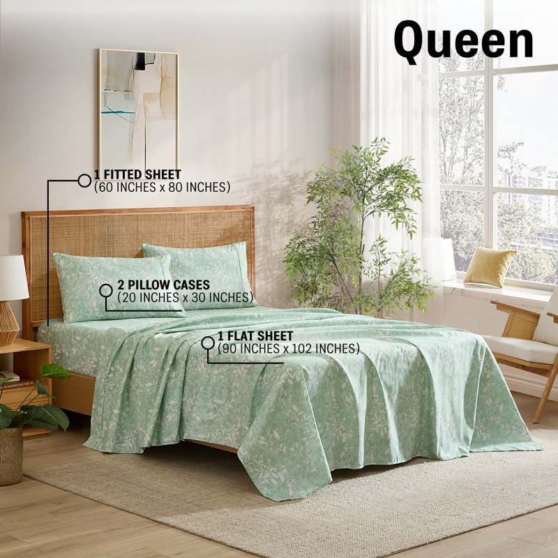 HLC.ME Leaves Printed Floral Bed Sheets - 4 Piece Patterned Bed Sheet Set - Wrinkle Resistant & Soft - Fits Mattresses Up To 15 Inches Deep (Queen, Green)