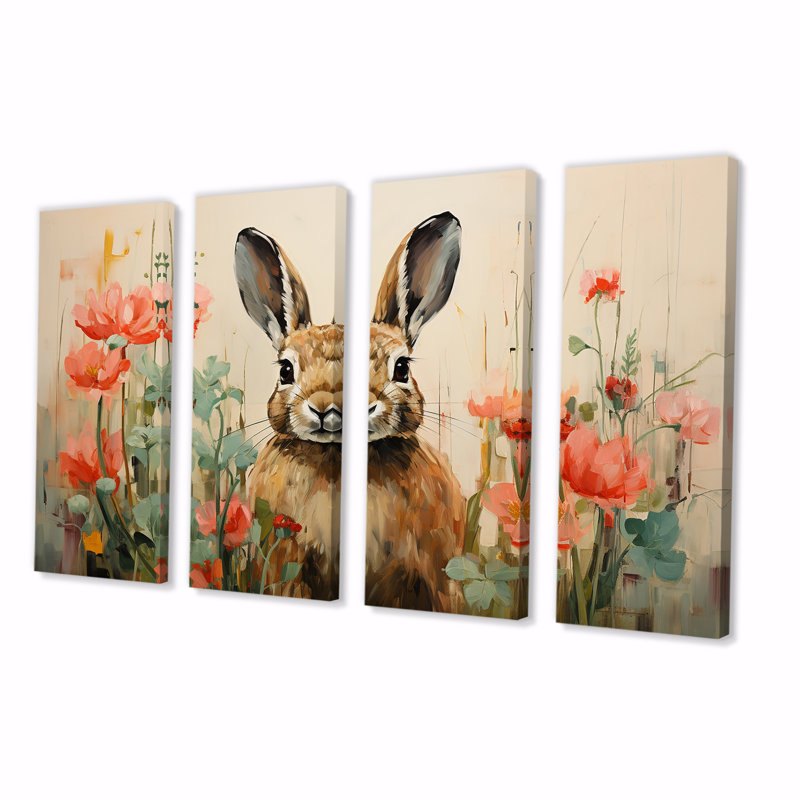 «Curious Floral Rabbit Meadow I», ensemble d'art mural 4 pièces, H 28 po x l 48 po
