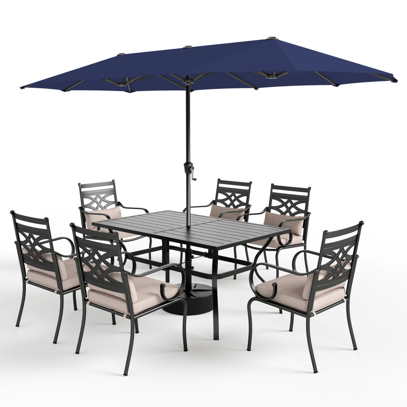 Alyah 6 - Person Patio Dining Set with Rectangular Table , Cushions Included, Navy Blue