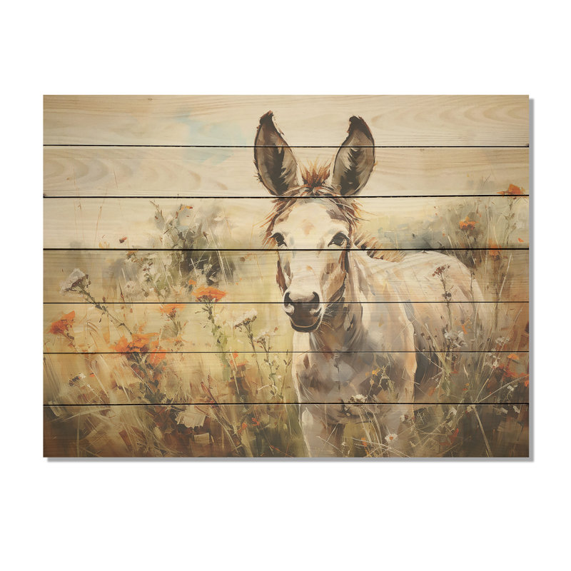 «Donkey Flower Meadow Landscape II» - impression d'âne sur bois, H 30 po x l 40 po x P 0,78 po