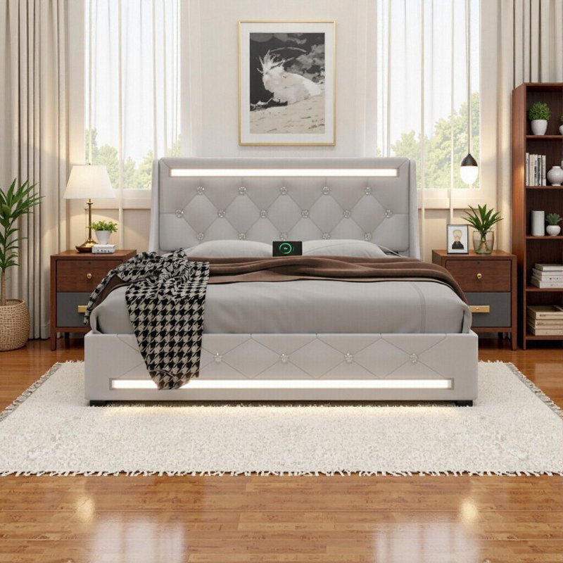 Élégant cadre de grand lit avec lumières DEL, ports de chargement USB et tête de lit à losanges - aucun sommier nécessaire, blanc