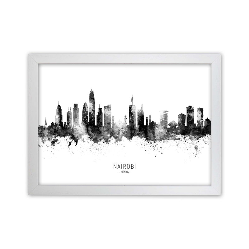 Nairobi Kenya Skyline Black White City Name by Michael Tompsett - Print, White Framed, 64cm H x 88cm W x 3cm D