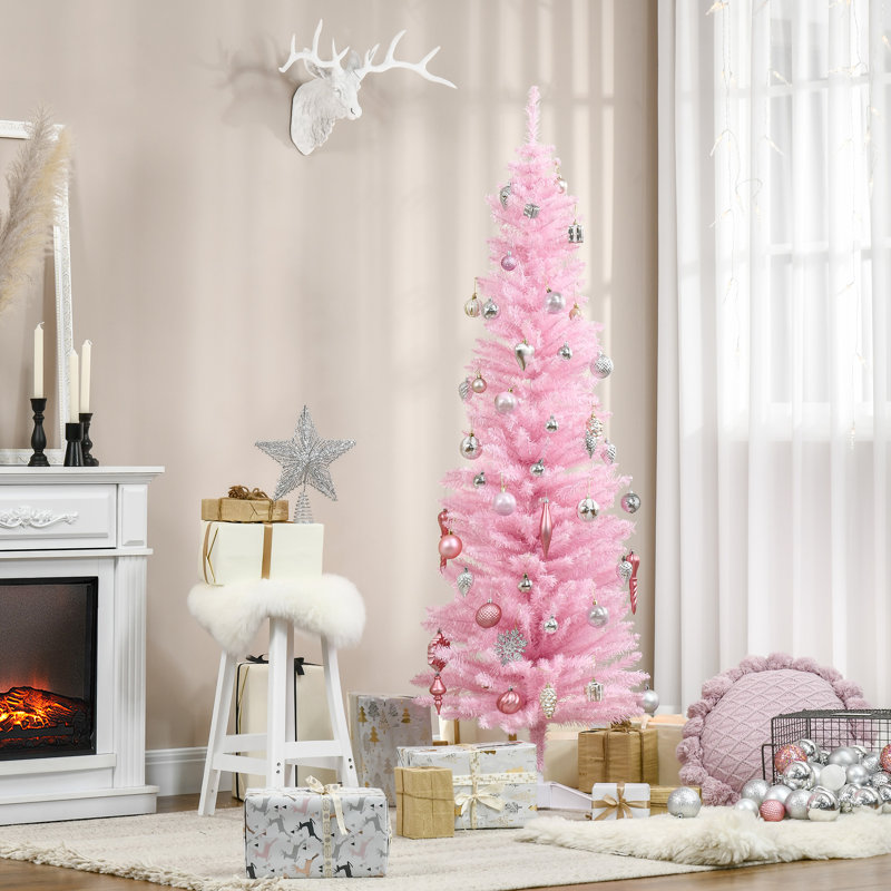 Arbre de Noël artificiel 6 pi avec arbre de Noël mince 6 pi avec 390 branches réalistes et support en plastique, H 6 pi, Rose