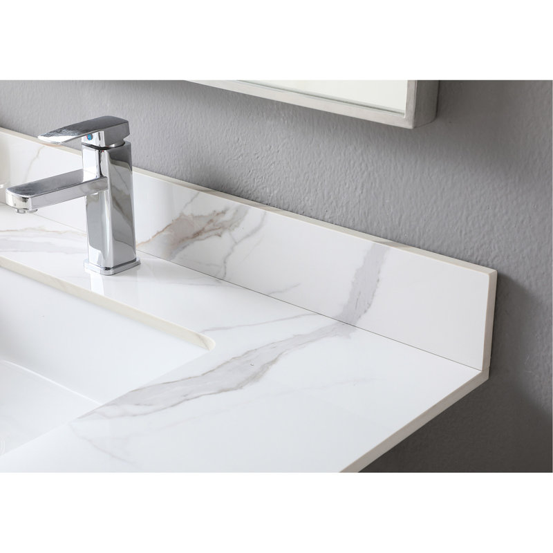 Plateau de meuble-lavabo de 37 po en pierre frittée dorée, avec lavabo rectangulaire en céramique et trou de robinet - surface en pierre de sélection élégante, style moderne encastré