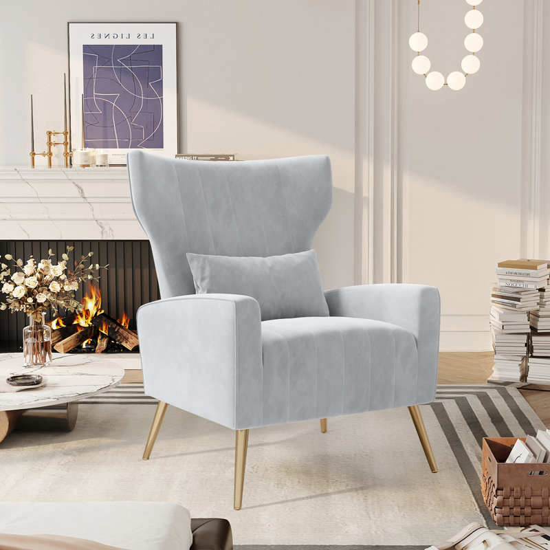 Modern Velvet Accent Chair With Wingback Design Gold Metal Legs And Pillow – Elegant Lounge Chair For Living Room & Bedroom