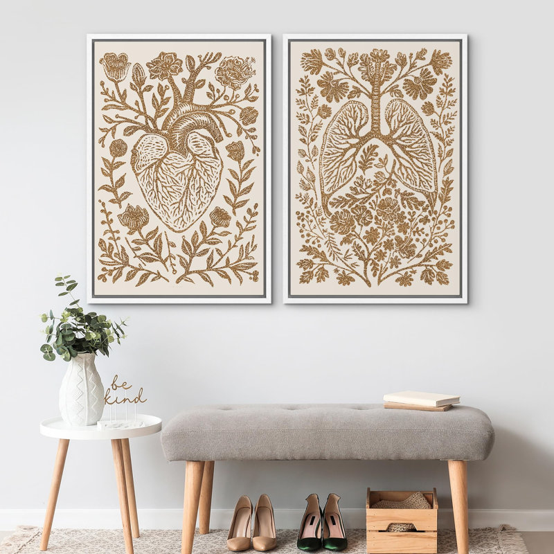 «Mid-Century Yellow Grey», 2 pièces sur toile, H 24 po x l 36 po, Cadre blanc