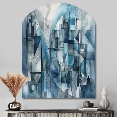Blue Abstracted Harmonies Of Shape III - Geometric Arch Metal Wall Art, Blue Asymmetrical Metal Art Print