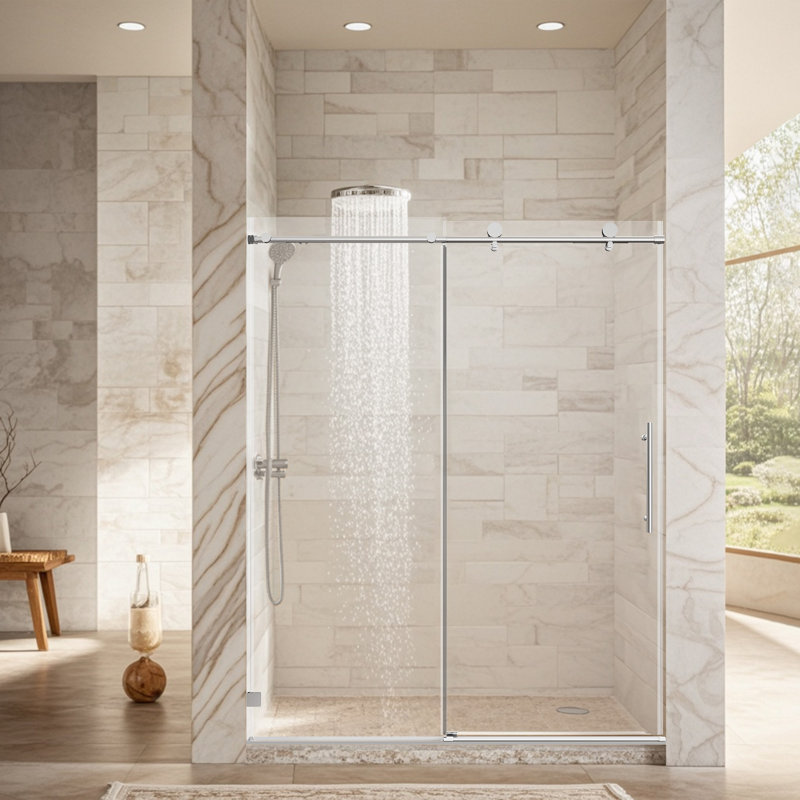 Porte de douche coulissante simple sans cadre l 56 à 60 po x H 74 po, verre trempé 5/16 po, chrome, fermeture en douceur